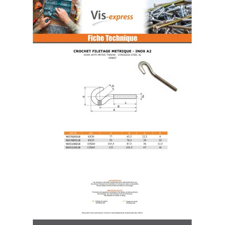 1 X Crochet à Filetage Métrique Inox A2 12X65 2 1 X Crochet à Filetage Métrique Inox A2 12X65 – Image 2