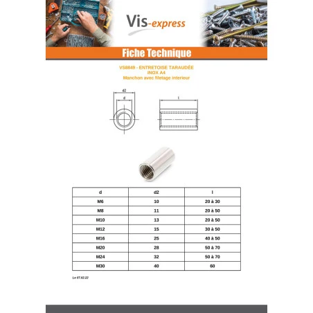 1 X Manchon Cylindrique Taraudé M6X20 Inox A4 2 1 X Manchon Cylindrique Taraudé M6X20 Inox A4 – Image 2